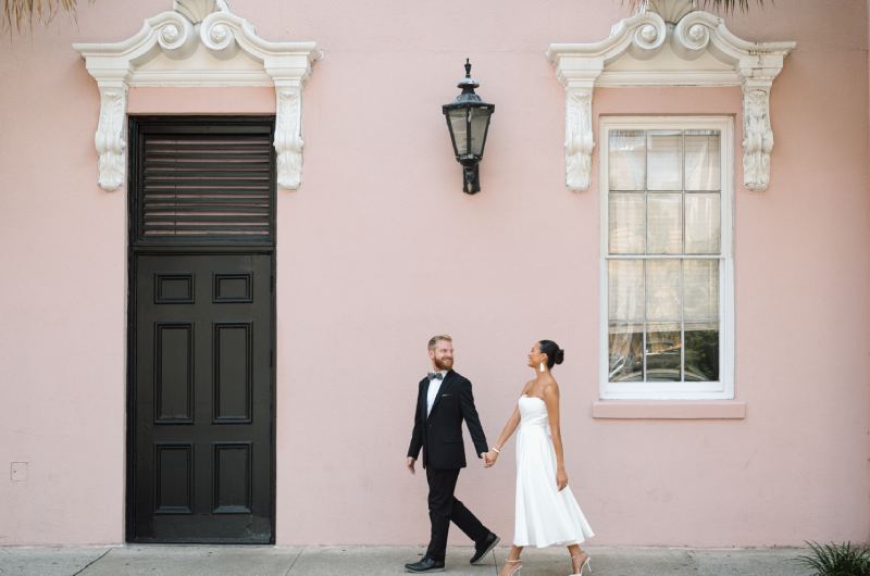 A Feathered Affair Charleston Hotel Partners With Cult Bridal Brand couple walking